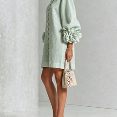 Sage green button-front mini dress with embroidered front placket and rose-like sleeve cuffs.