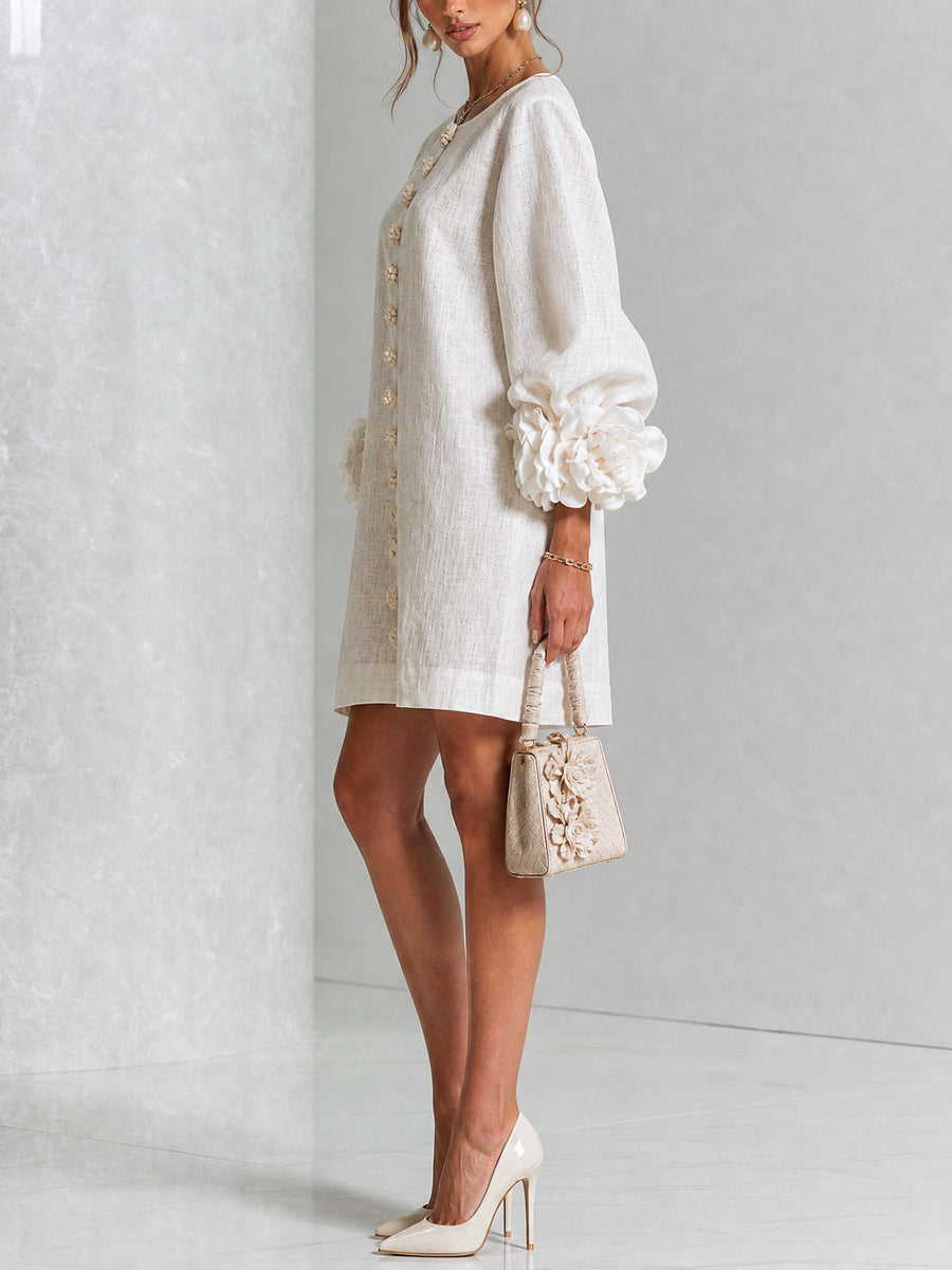 White button-front midi dress, side view, round neck and puff sleeves with rosette cuffs