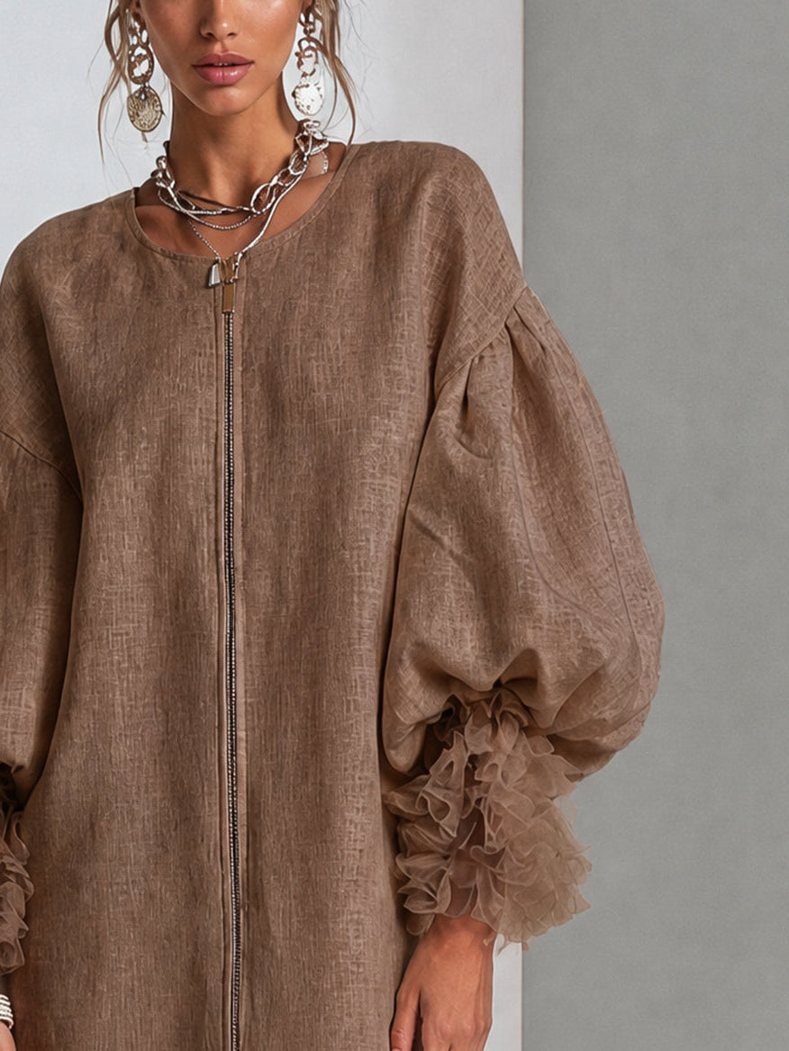 Brown linen-look midi dress with front zipper and ruffled balloon sleeve cuffs.