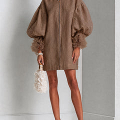Brown zip-front midi dress with balloon sleeves and ruffled cuff trim, straight midi hem.