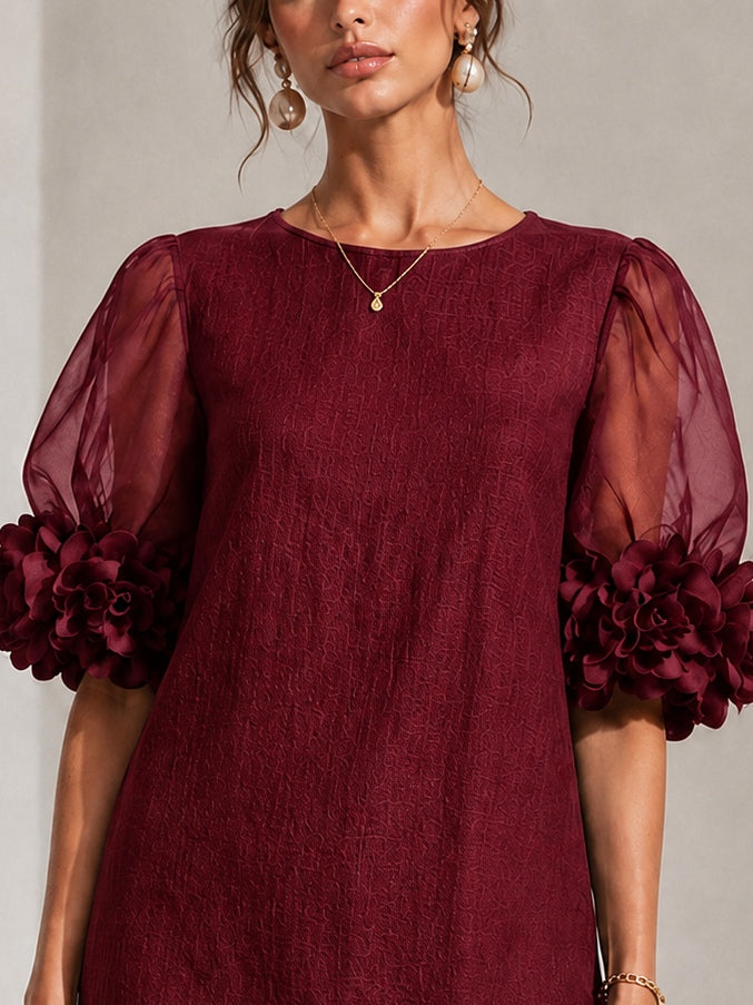 Burgundy shift dress with sheer puff sleeves and ruched round neckline
