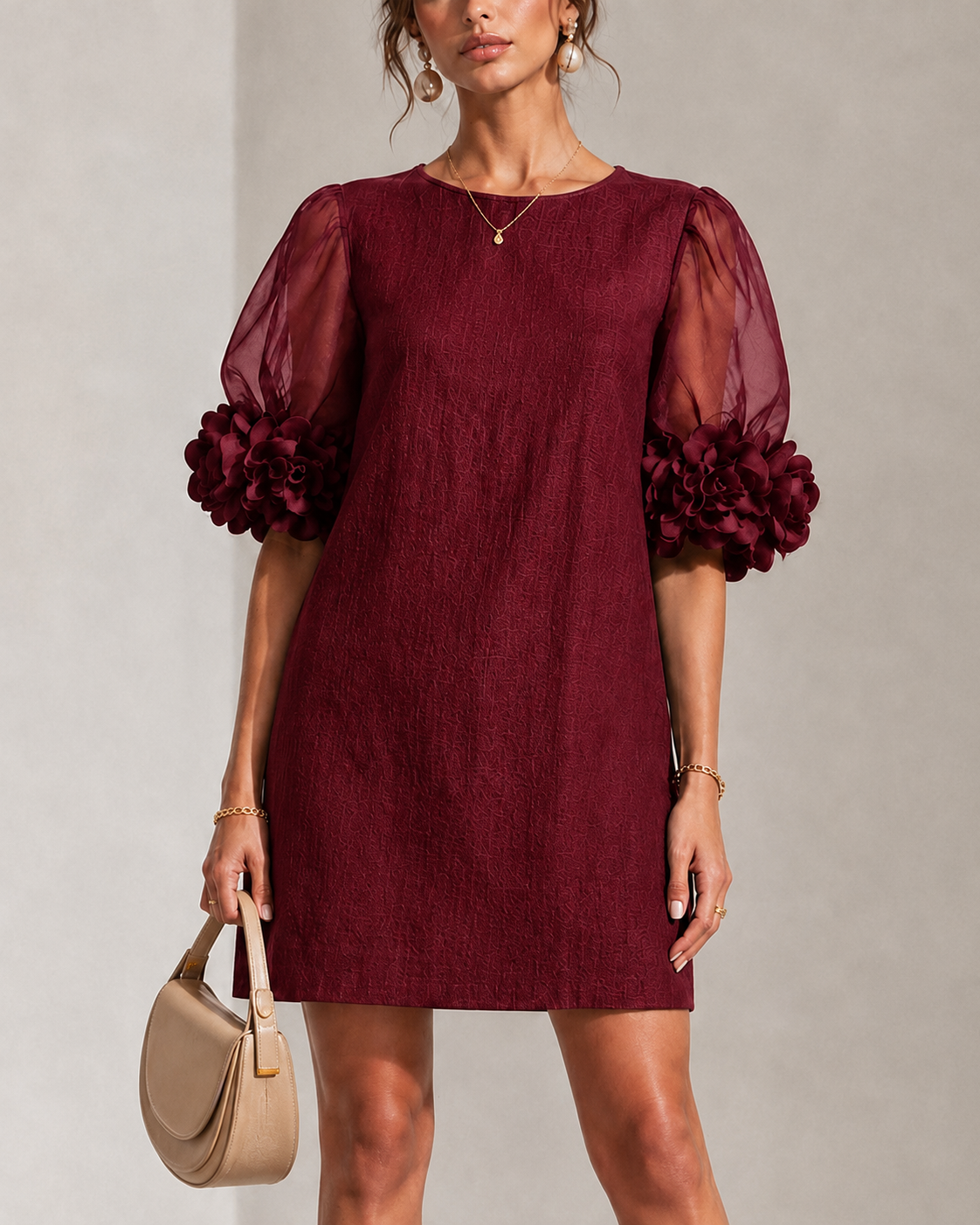 Burgundy puff-sleeve midi dress with sheer sleeves and ruched round neckline