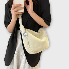 Alexa women’s shoulder bag, cream corduroy hobo shape with cloud charm patch