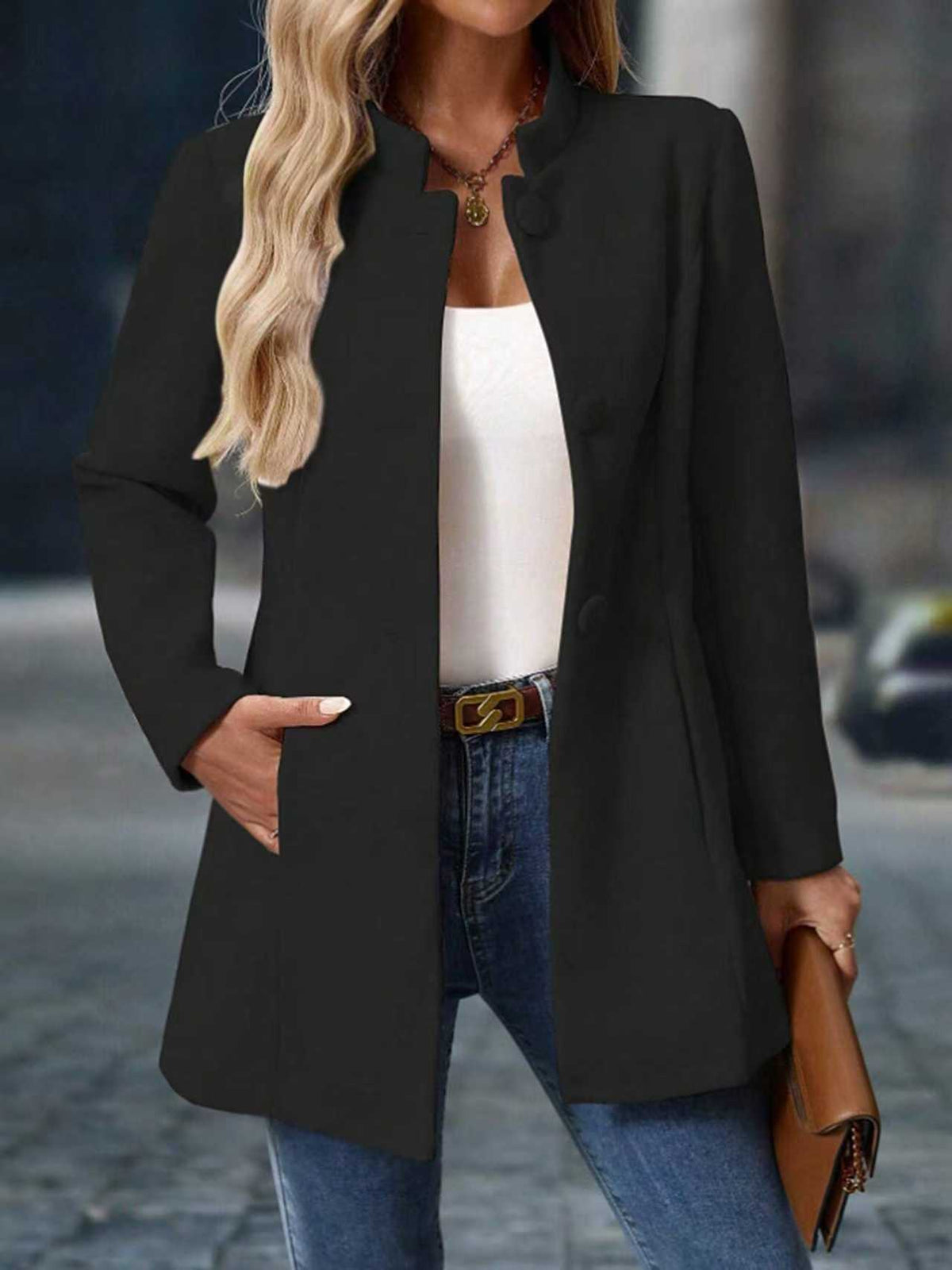 Black classic elegant jacket with notch collar and front button closures