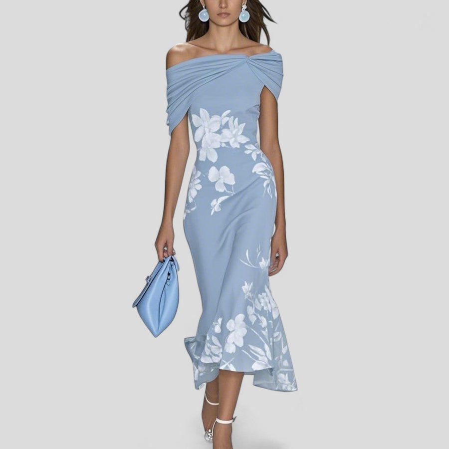 Abito midi elegante blu con scollo off-shoulder drappeggiato, stampa floreale bianca