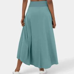 Mint blue midi skirt with draped front slit and asymmetric layered hem