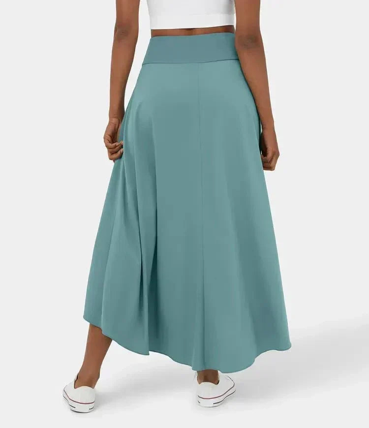 Mint blue midi skirt with draped front slit and asymmetric layered hem