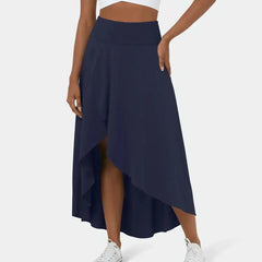 Navy midi skirt with draped side slit and asymmetric layered hem