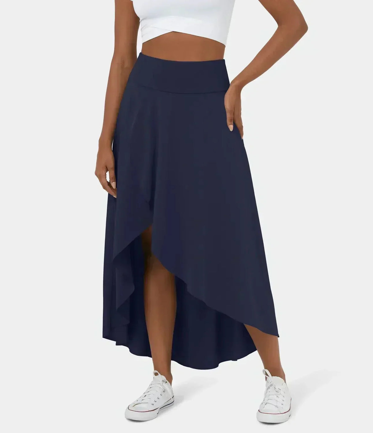 Navy midi skirt with draped side slit and asymmetric layered hem