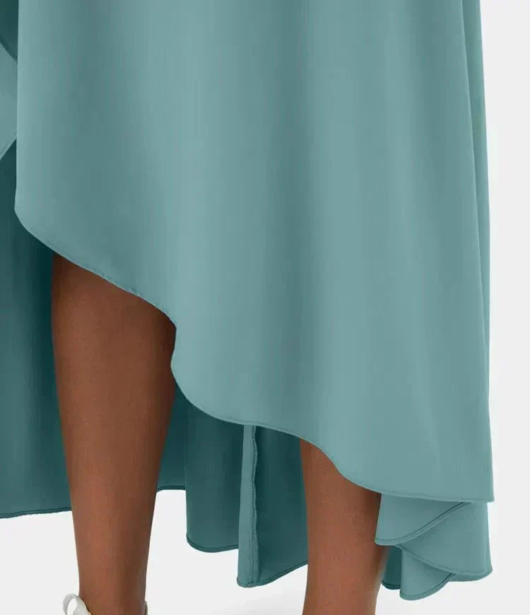 Mint blue midi skirt with asymmetric hem and front slit overlay detail