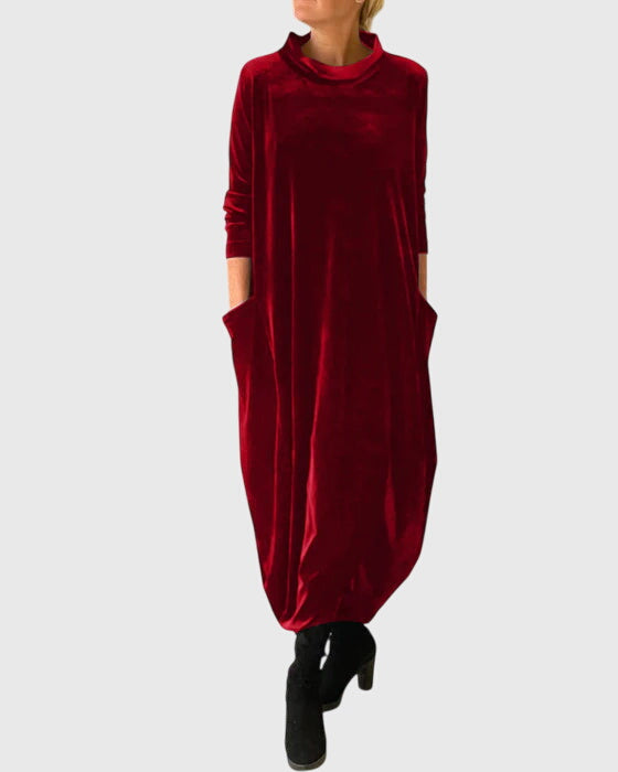 Red maxi dress, long sleeves, round neckline, loose draped silhouette