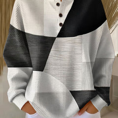 White and dark gray patchwork knit sweater, long sleeves, henley button front