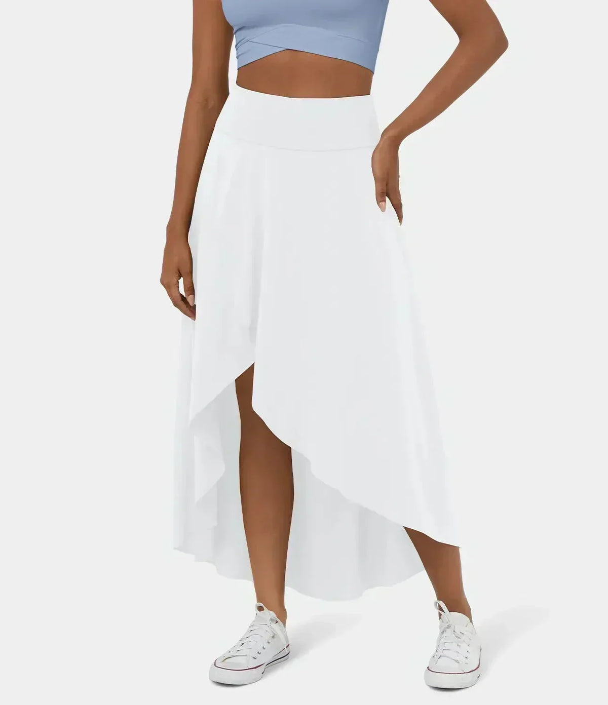 White midi skirt with side slit and asymmetric layered hem