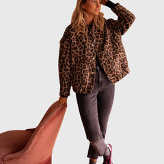 Leopard print button-up jacket with long sleeves and front pockets