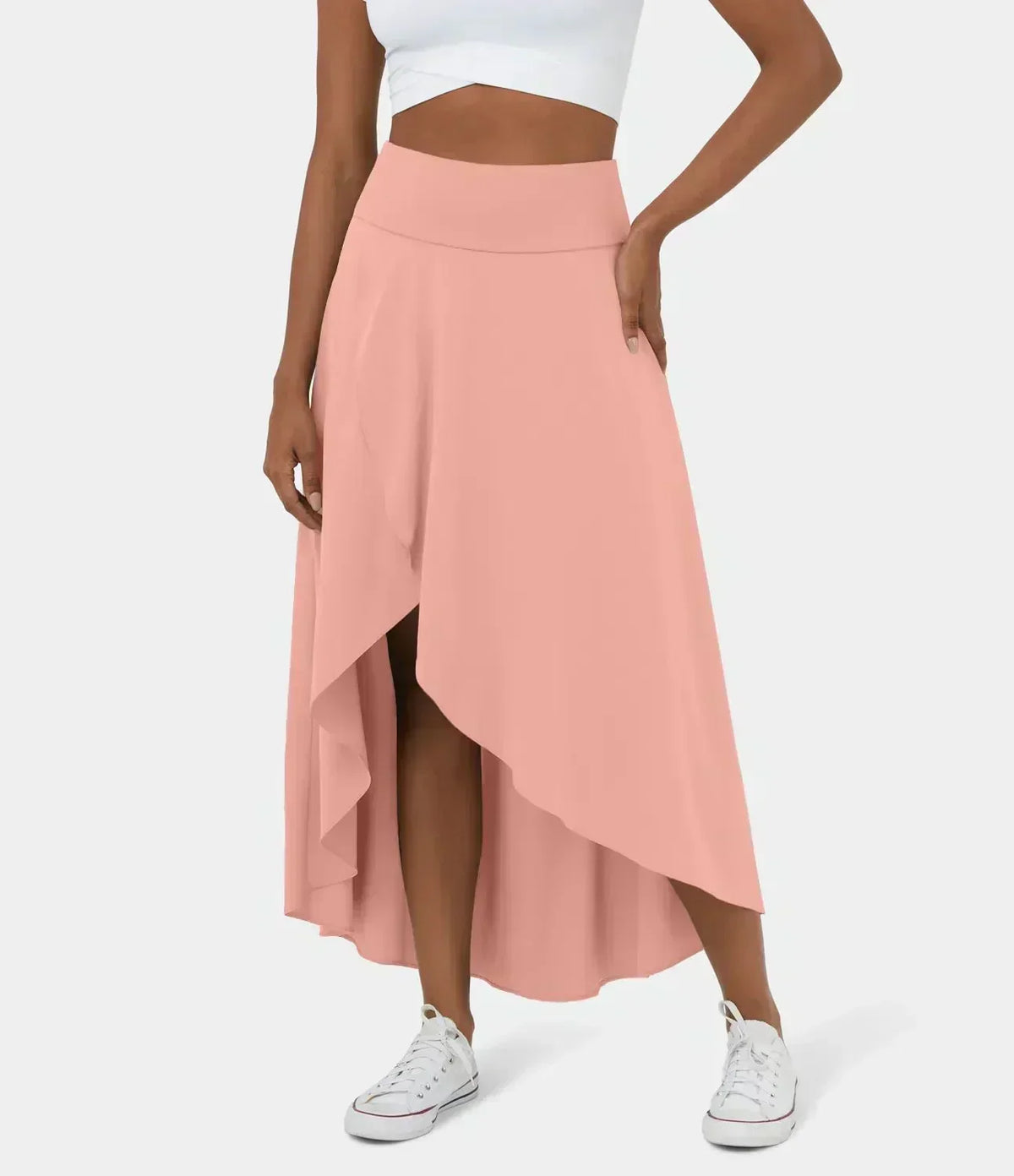 Blush pink midi skirt with draped front slit and asymmetric layered hem