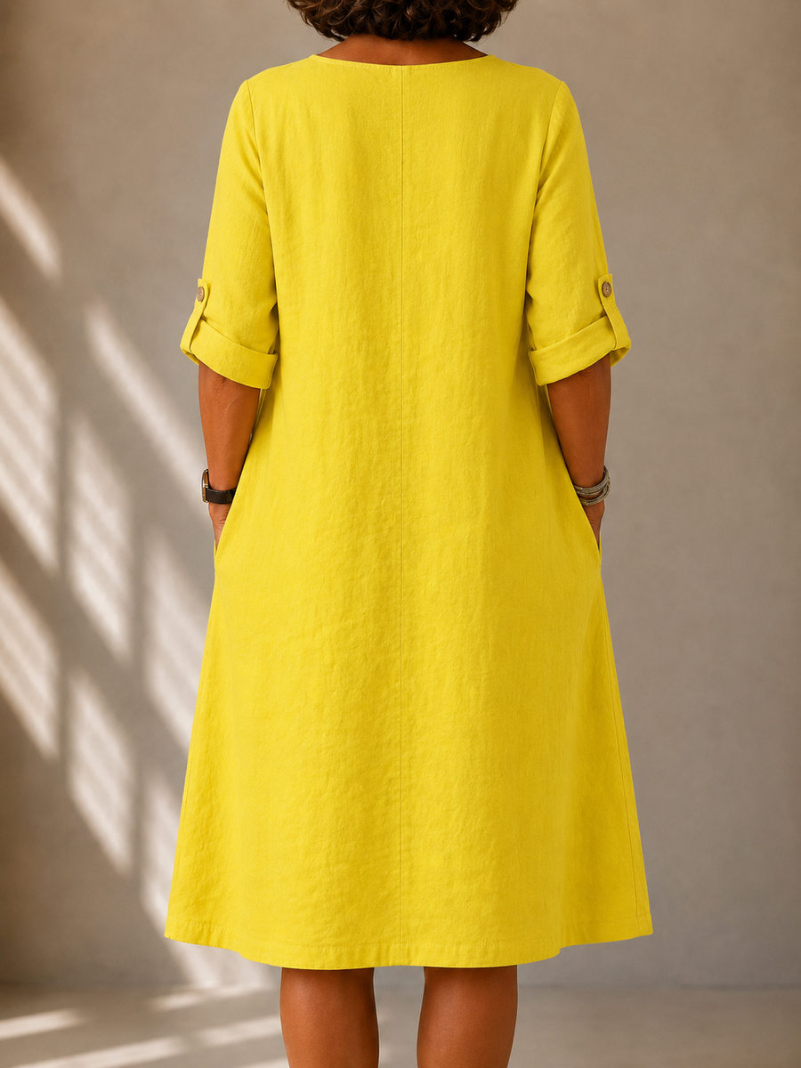Back view of yellow relaxed V-neck midi dress with 3/4 sleeves