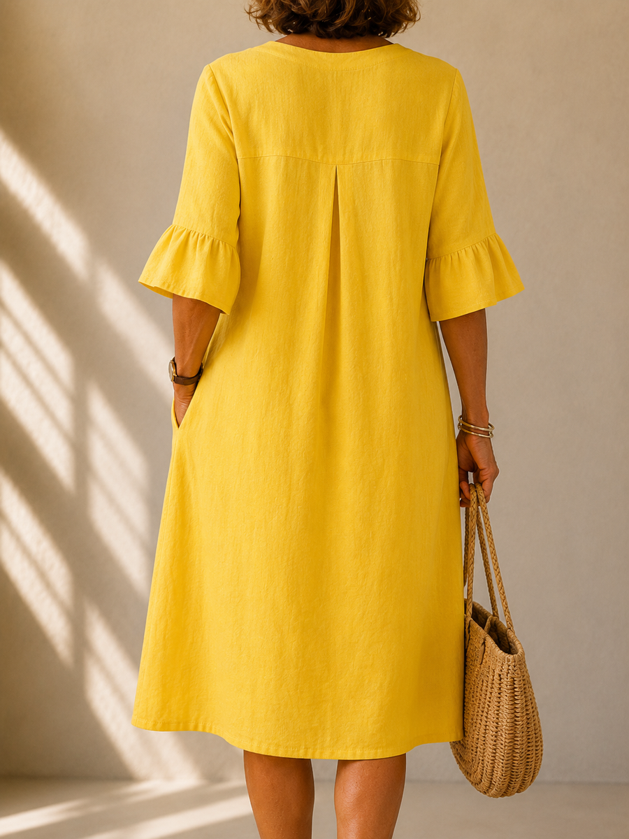 Yellow back view midi dress with pleated yoke and three-quarter bell sleeves