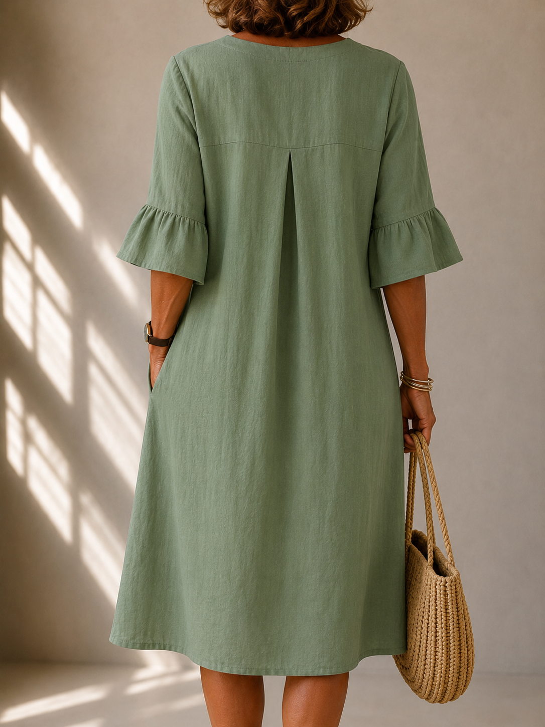 Back of sage green midi dress with pleated yoke and gathered bell sleeves