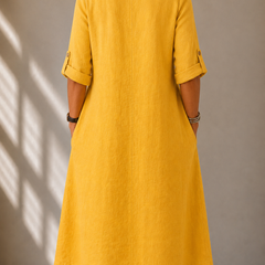 Vivian™ classic summer dress, yellow back view with elbow sleeves