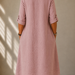 Women's classic V-neck midi dress back, dusty rose, three-quarter sleeves