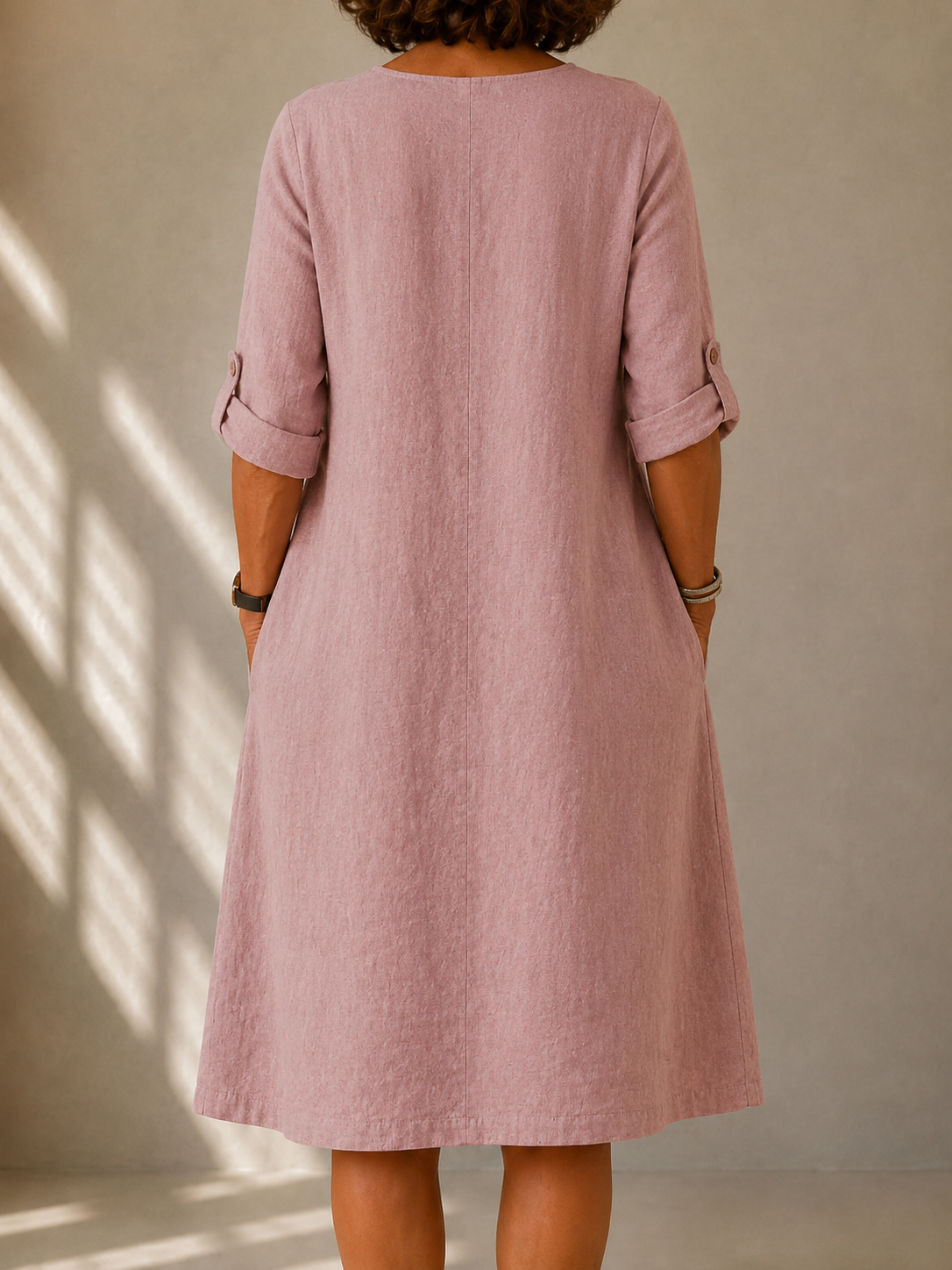 Women's classic V-neck midi dress back, dusty rose, three-quarter sleeves