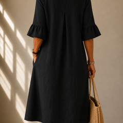 Black midi dress, back view with gathered yoke and short bell sleeves