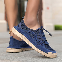 Scarpe comfort traspiranti blu con lacci e suola beige spessa ammortizzata