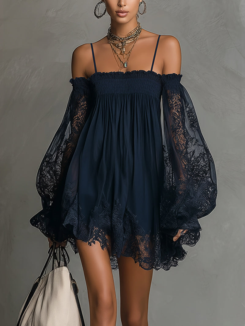 Navy off-shoulder mini dress with lace bell sleeves, layered chiffon skirt