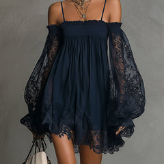 Navy off-shoulder chiffon mini dress with smocked bodice, lace trim, and sheer sleeves.