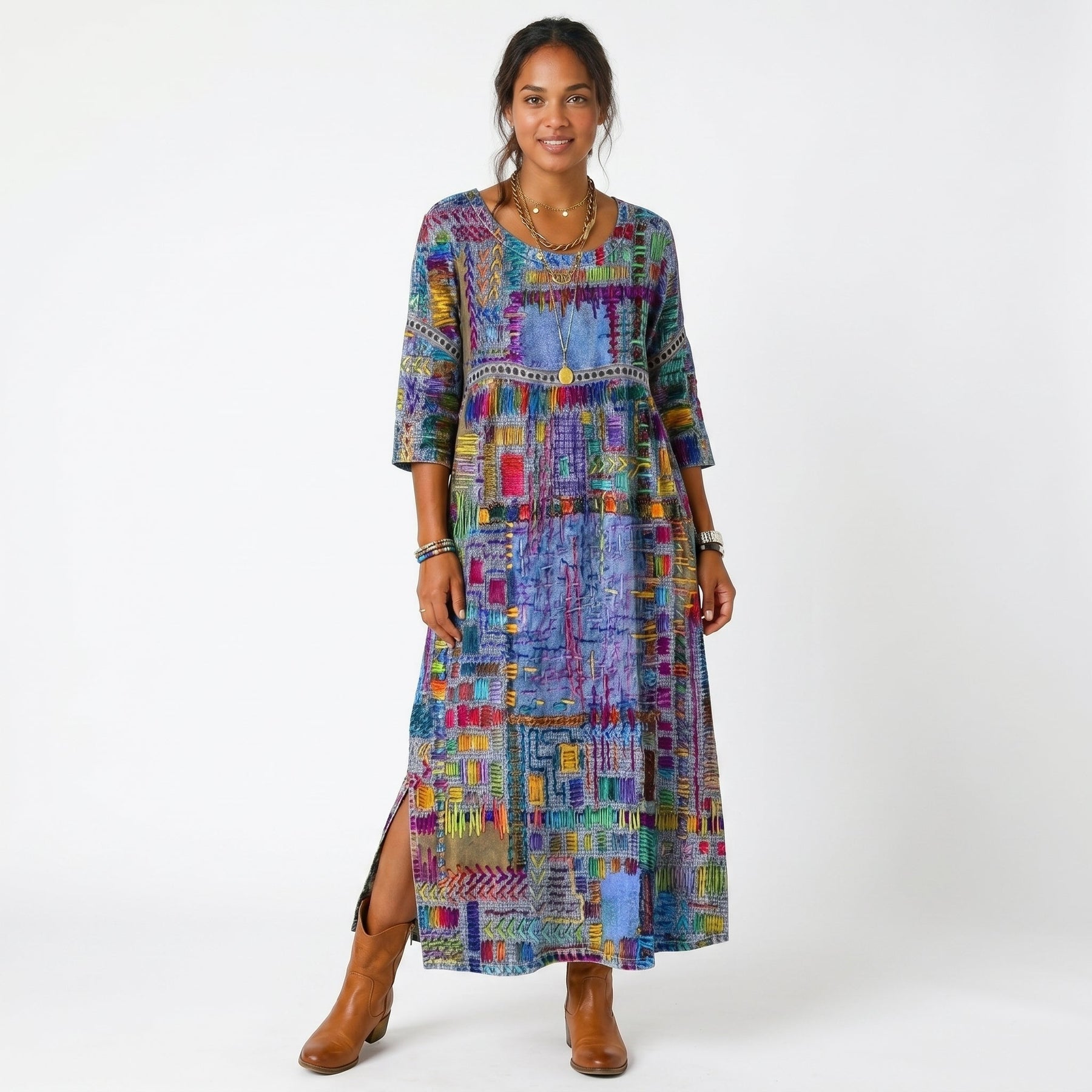 Abito midi girocollo in stampa astratta multicolore (blu, viola, arancio), maniche 3/4, spacchi