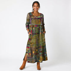 Abito midi girocollo con stampa astratta multicolore (verde militare e viola), maniche 3/4, spacchi