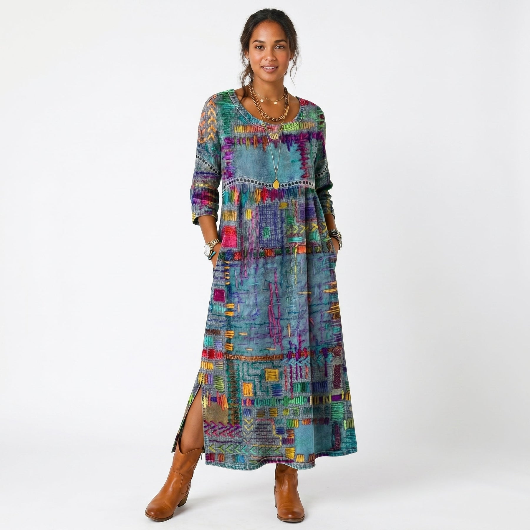 Abito midi girocollo in stampa astratta multicolore (blu, verde, giallo), maniche 3/4, spacchi