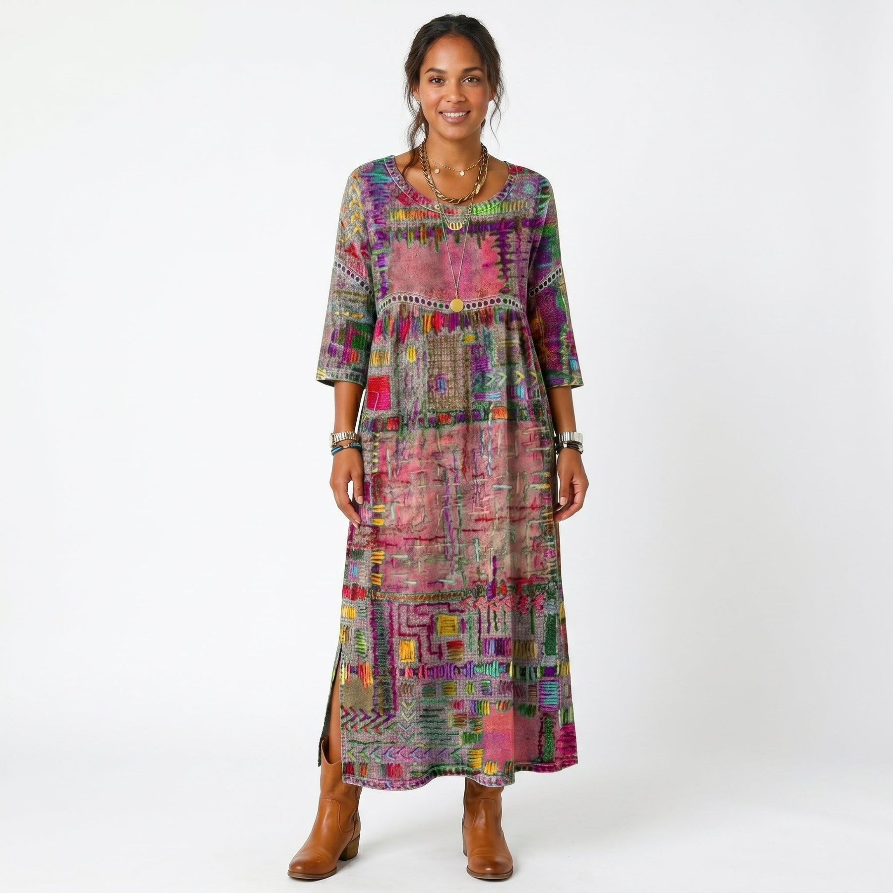 Abito midi con stampa astratta multicolore e maniche a tre quarti