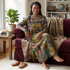 Abito midi multicolore con stampa astratta, scollo rotondo e maniche 3/4, cintura non visibile
