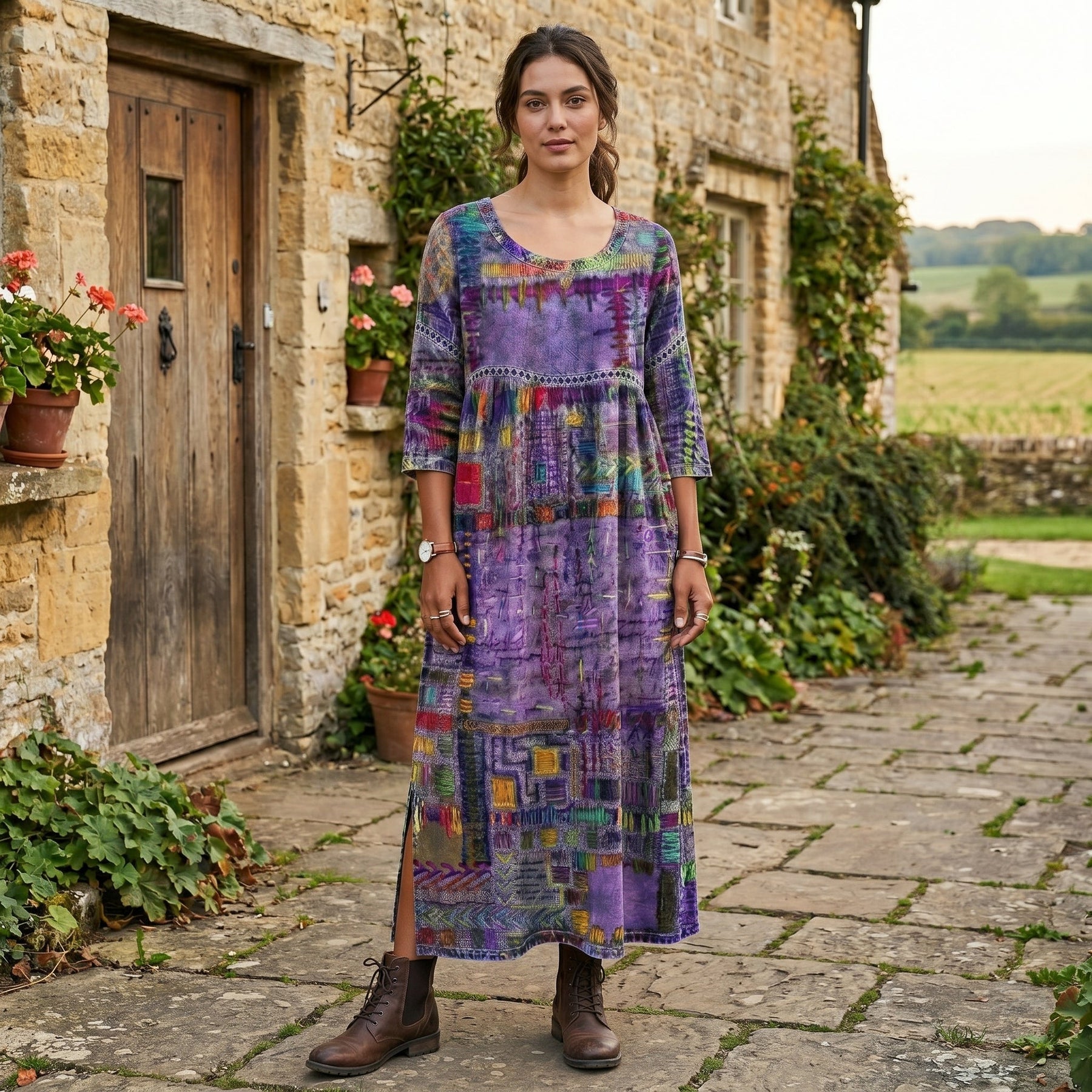 Abito midi viola con stampa astratta multicolore, scollo rotondo e maniche 3/4