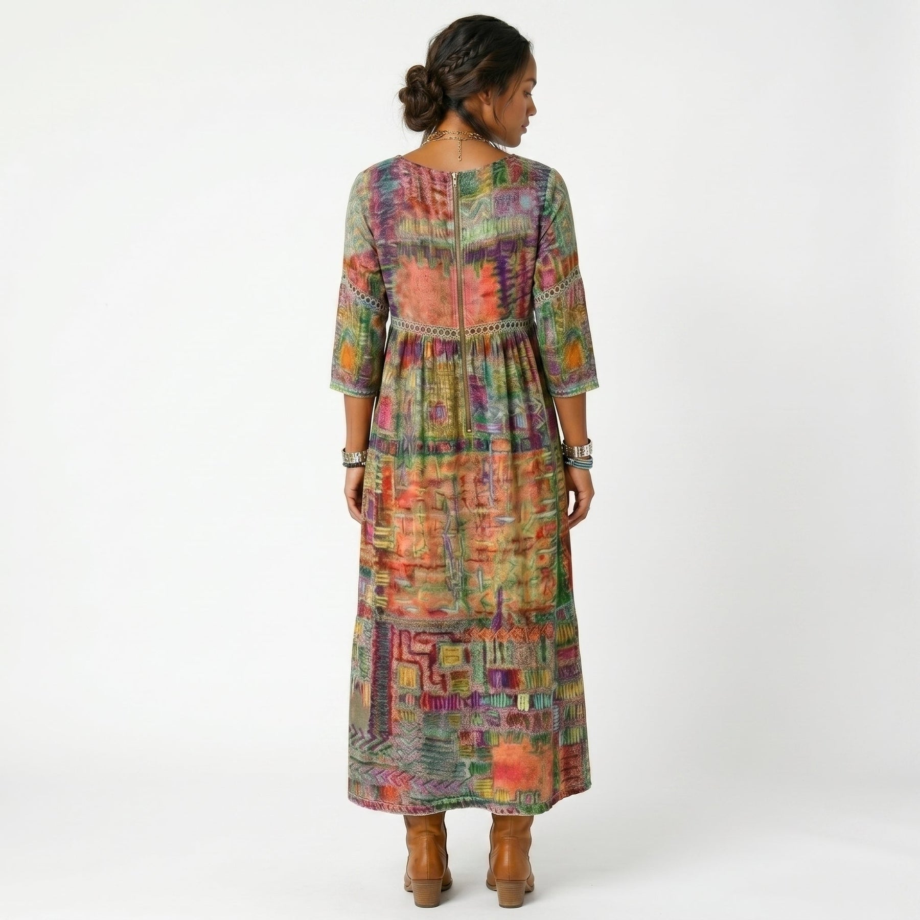 Abito midi con stampa astratta multicolore, vista posteriore