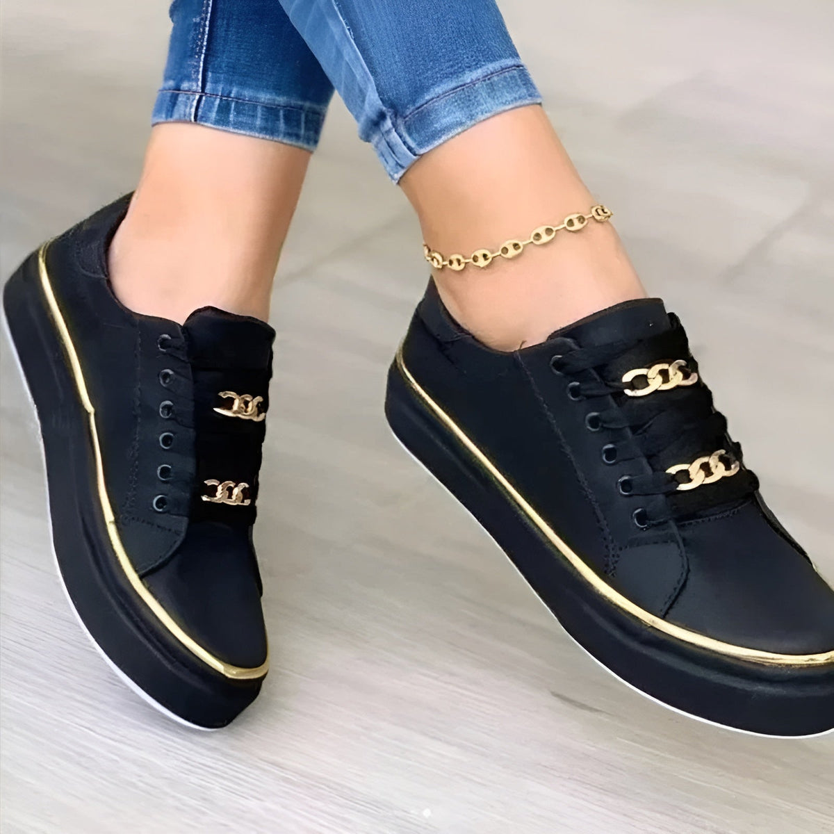 Women’s orthopaedic trainers, dark navy with gold trim and gold-tone lace details