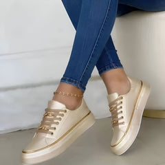 Women’s orthopaedic trainers, gold/cream with gold trim and lace-up front