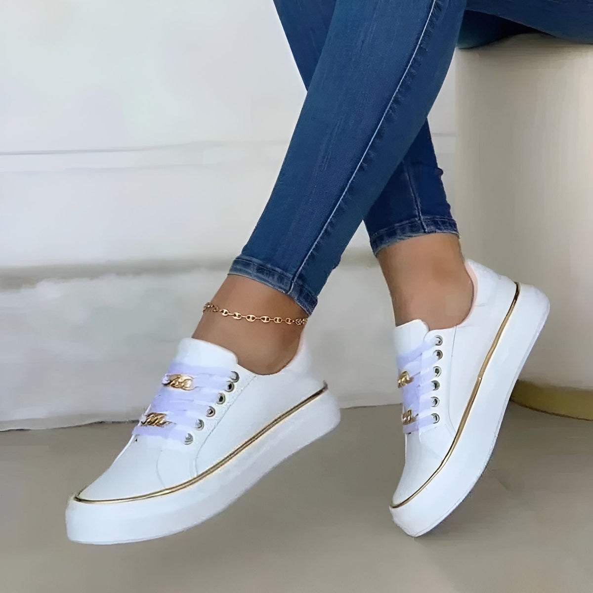 Women’s orthopaedic trainers, white sneakers with gold piping and lace-up front
