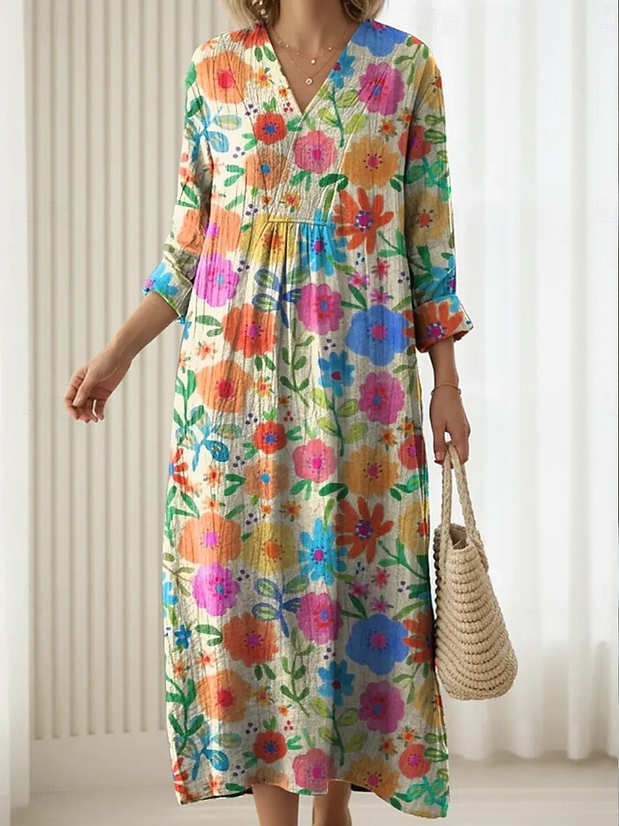 Abito midi multicolore a fiori con scollo a V e maniche a tre quarti