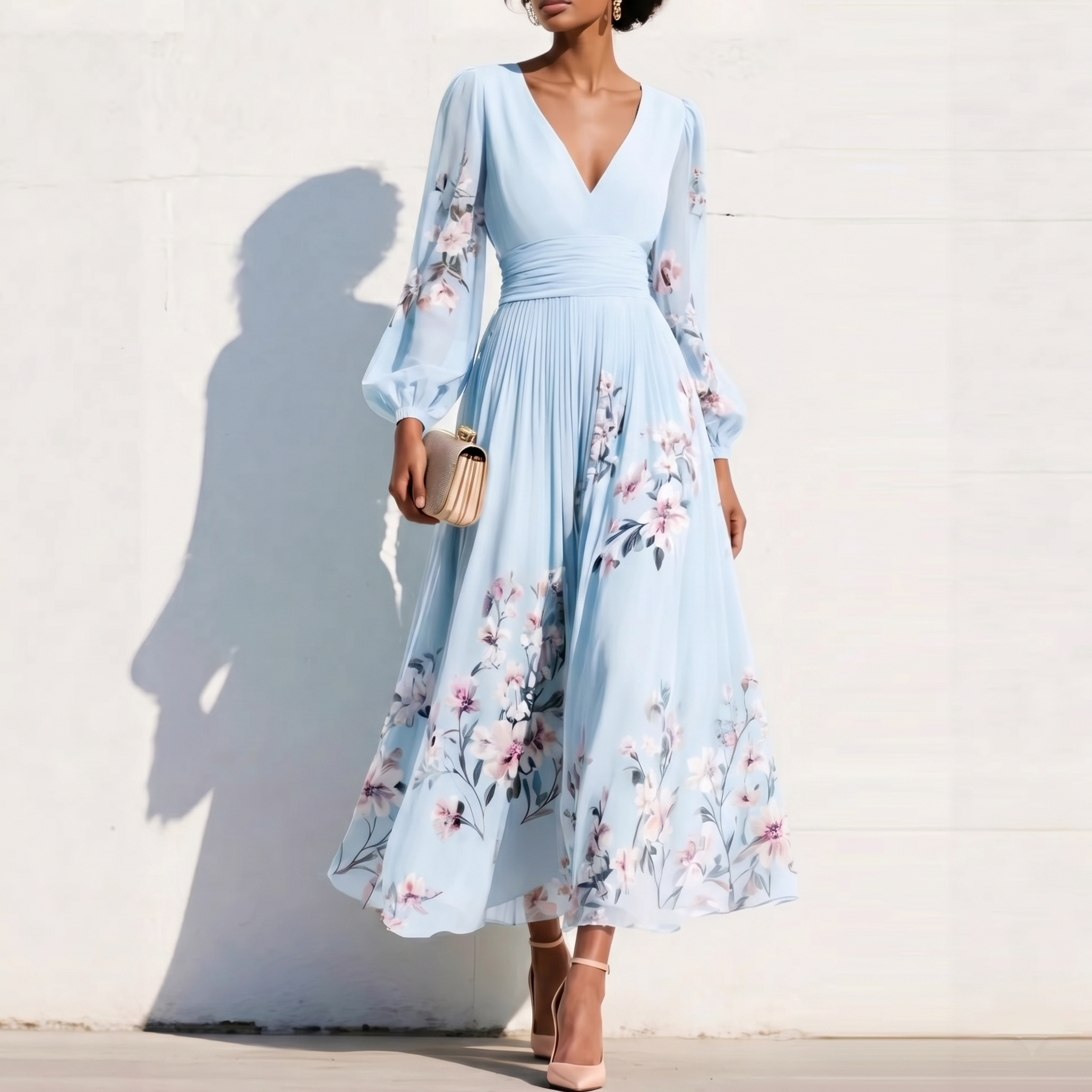 Vestito midi blu chiaro con scollo a V, maniche a sbuffo trasparenti e fiori