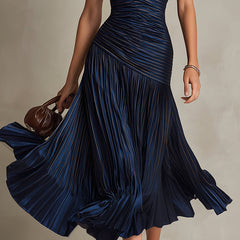 Dark blue striped satin midi dress with fitted bodice and pleated skirt