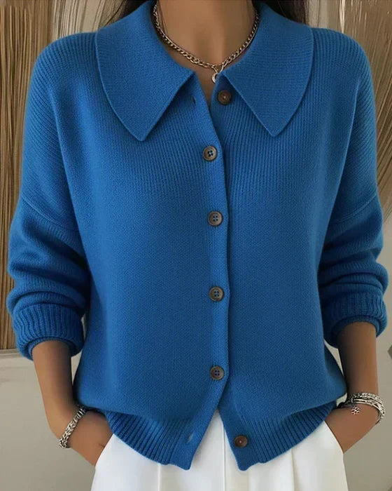 Women’s blue button-collar cardigan sweater with front buttons and ribbed cuffs