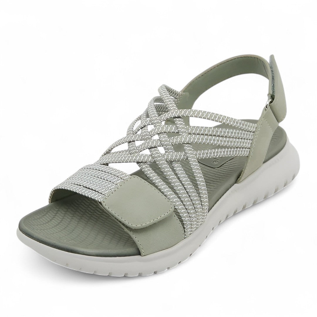 Sandali ortopedici grigio-verdi con tomaia a intreccio e cinturino con velcro, suola.