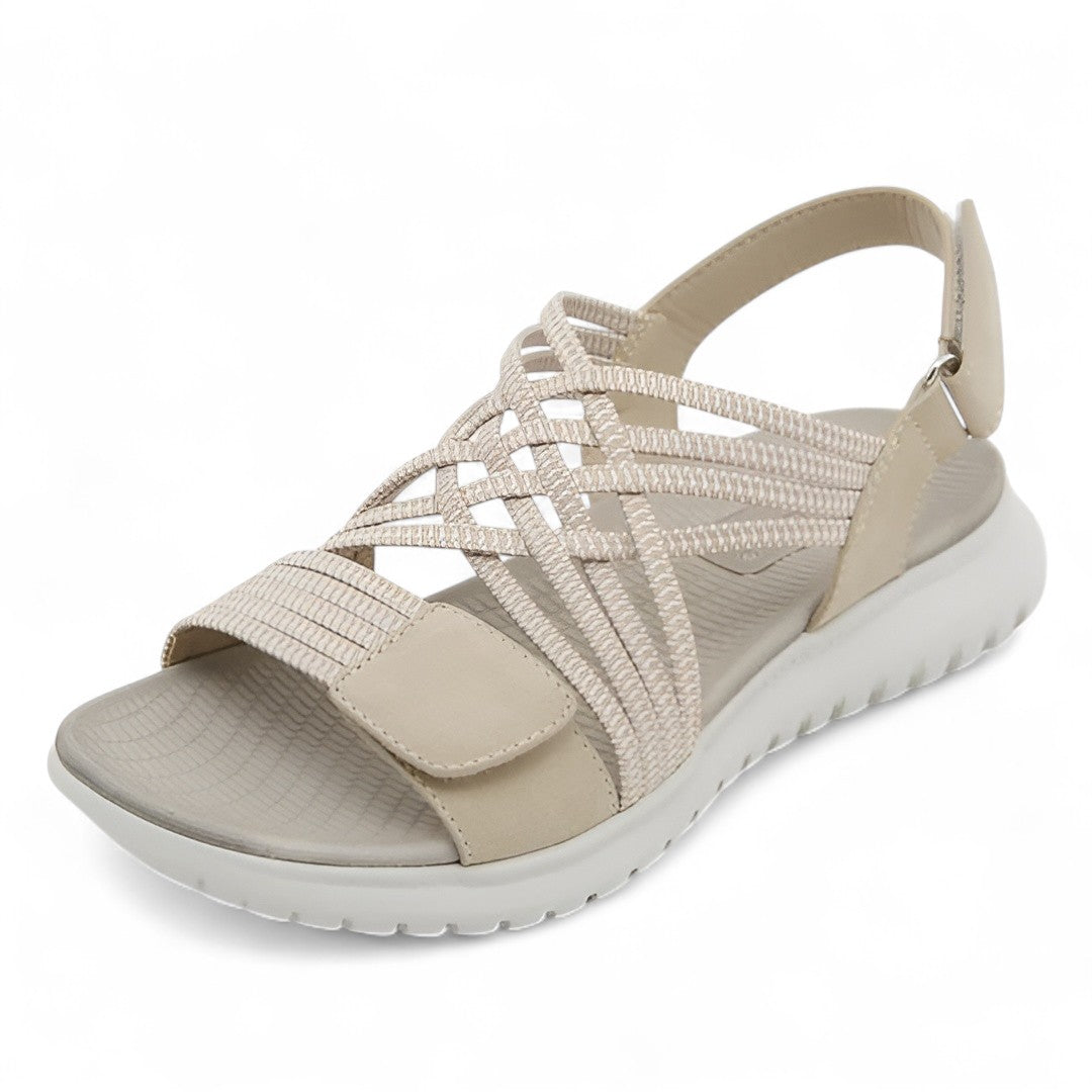 Sandali ortopedici ergonomici beige chiaro con fascia intrecciata e suola bianca