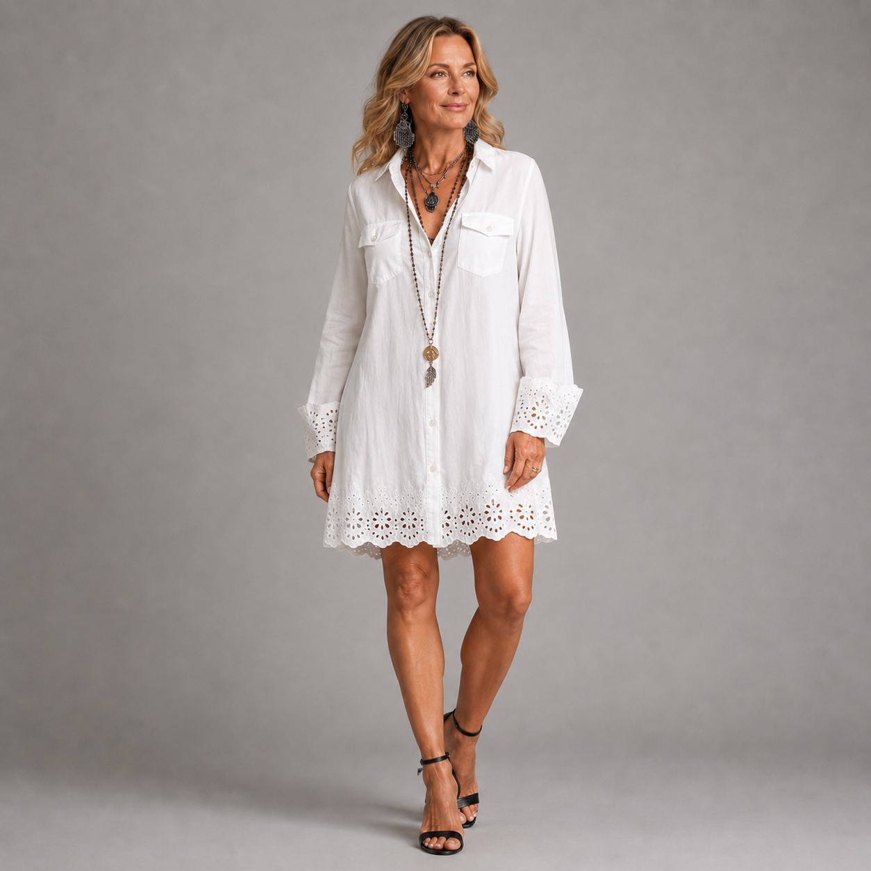 White shirt mini dress with eyelet lace hem and lace cuff detail