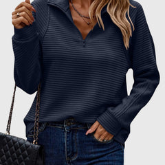 Women’s dark blue ribbed knit quarter-zip jumper with long sleeves and seam detail.