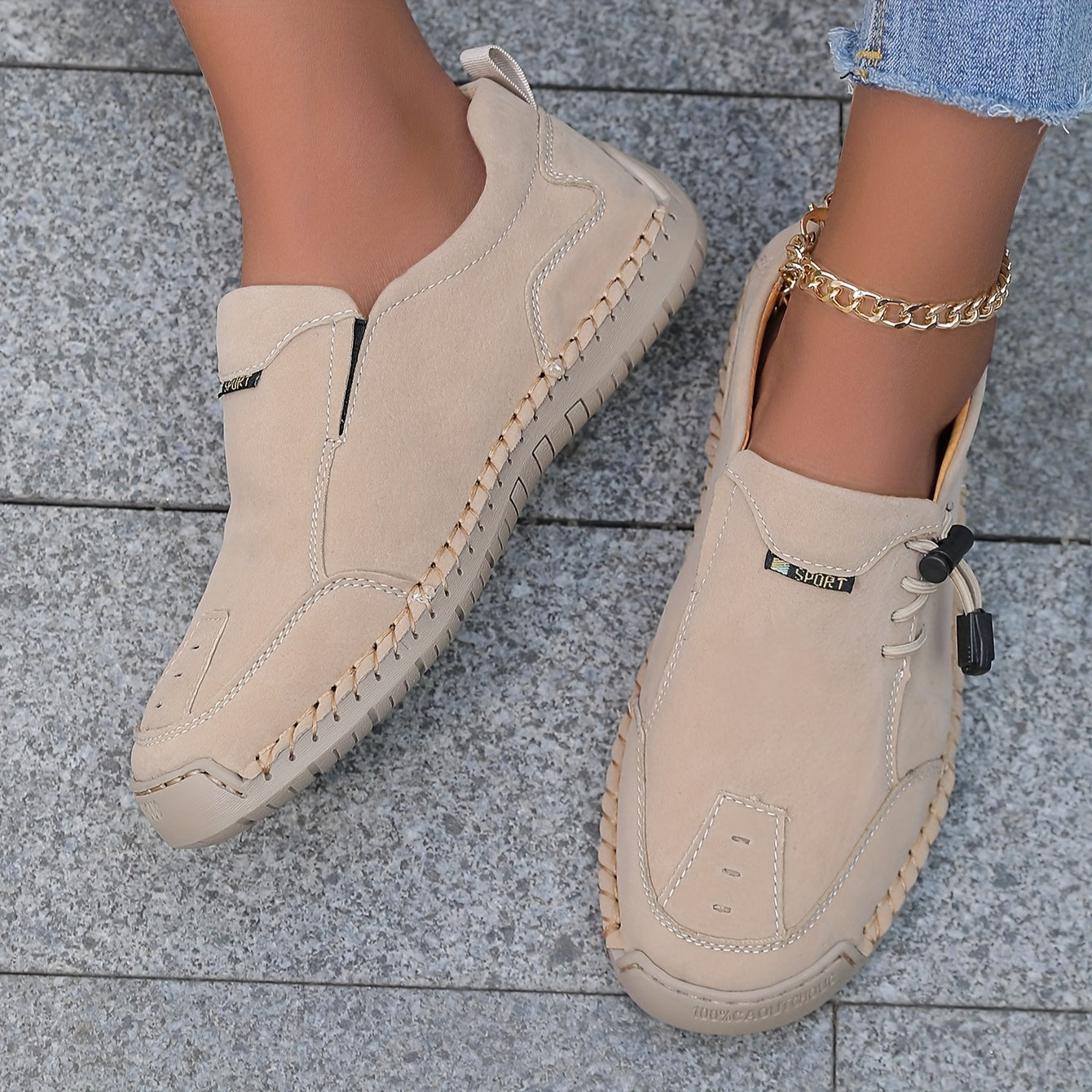 Scarpe Comfort Lina beige con fibbia e lacci elastici, suola spessa in vista