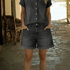 Black denim short set with collared button-up shirt and cuffed denim shorts