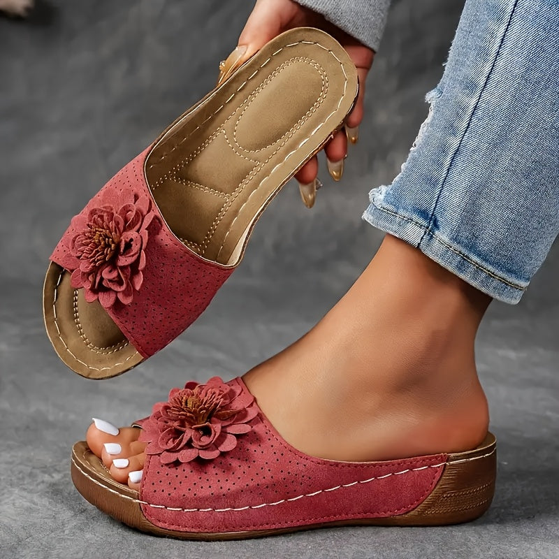Sandali ortopedici con cinturino aperto, rosso bordeaux e fiore 3D sul lato